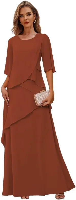 Long Mother of The Bride Dresses for Wedding Ruffles Chiffon Formal Dress with Sleeves