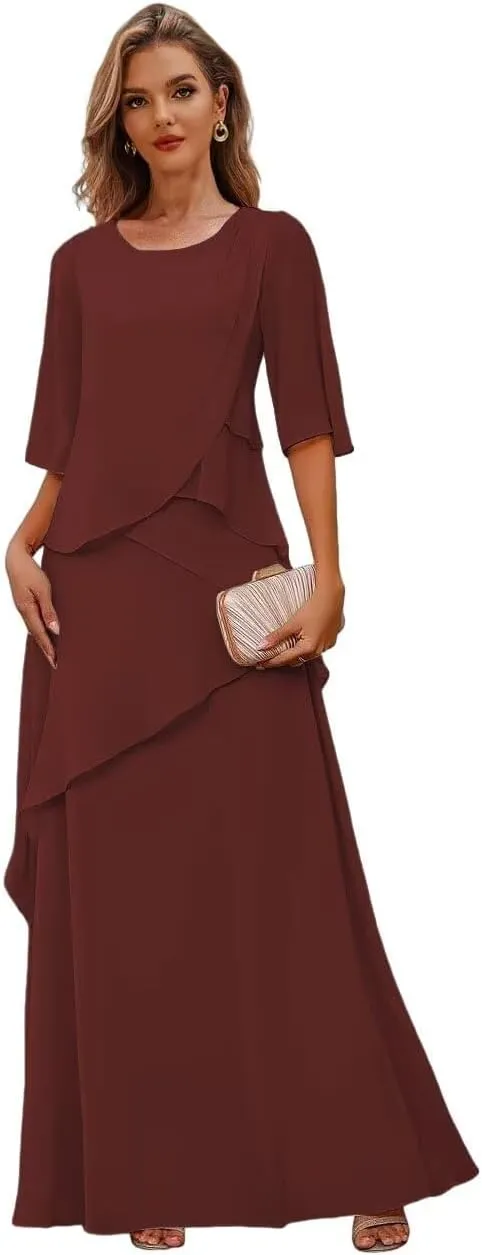 Long Mother of The Bride Dresses for Wedding Ruffles Chiffon Formal Dress with Sleeves