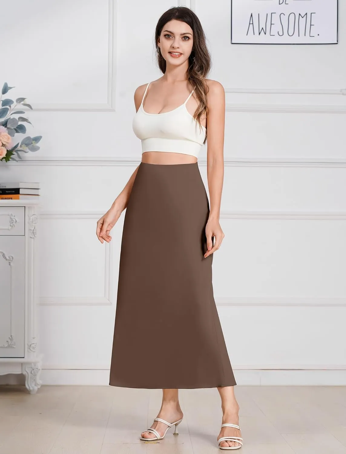 Long Satin Skirts for Women Silk Skirts Silky Elastic High Waist Flared Casual A Line Midi Skirt Cocktail Party Maxi Skirts