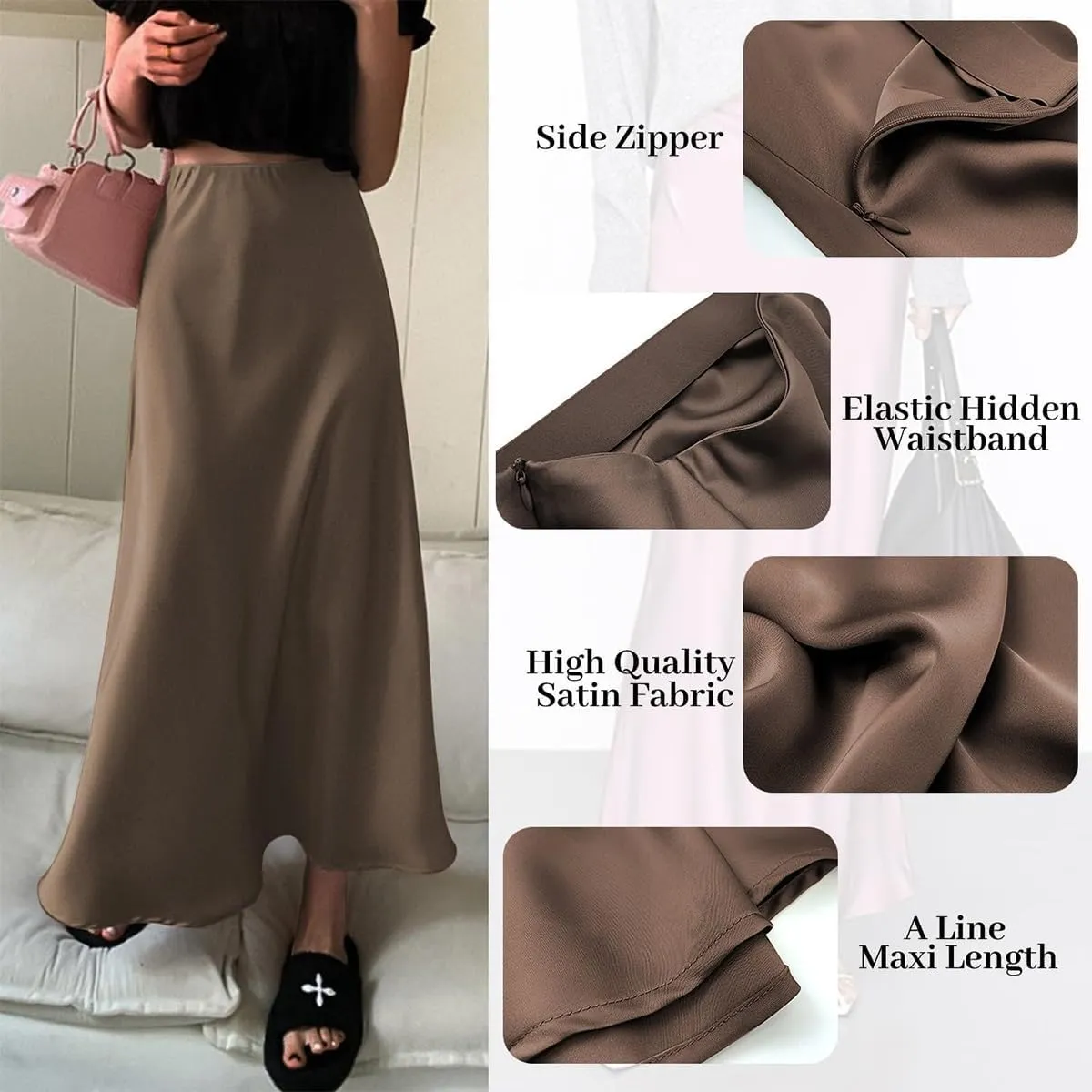 Long Satin Skirts for Women Silk Skirts Silky Elastic High Waist Flared Casual A Line Midi Skirt Cocktail Party Maxi Skirts