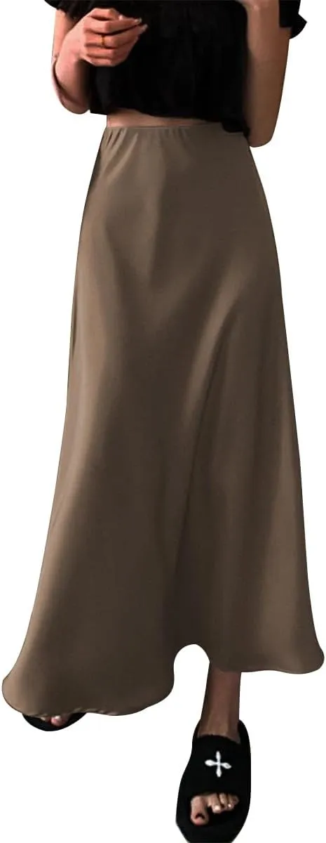 Long Satin Skirts for Women Silk Skirts Silky Elastic High Waist Flared Casual A Line Midi Skirt Cocktail Party Maxi Skirts