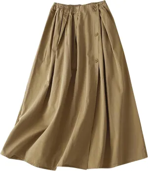 Long Skirts for Women 2024 Elastic Waist Buttons Solid Skirt Summer Causal Ruffle Pleated A-Line Flared Maxi Skirts