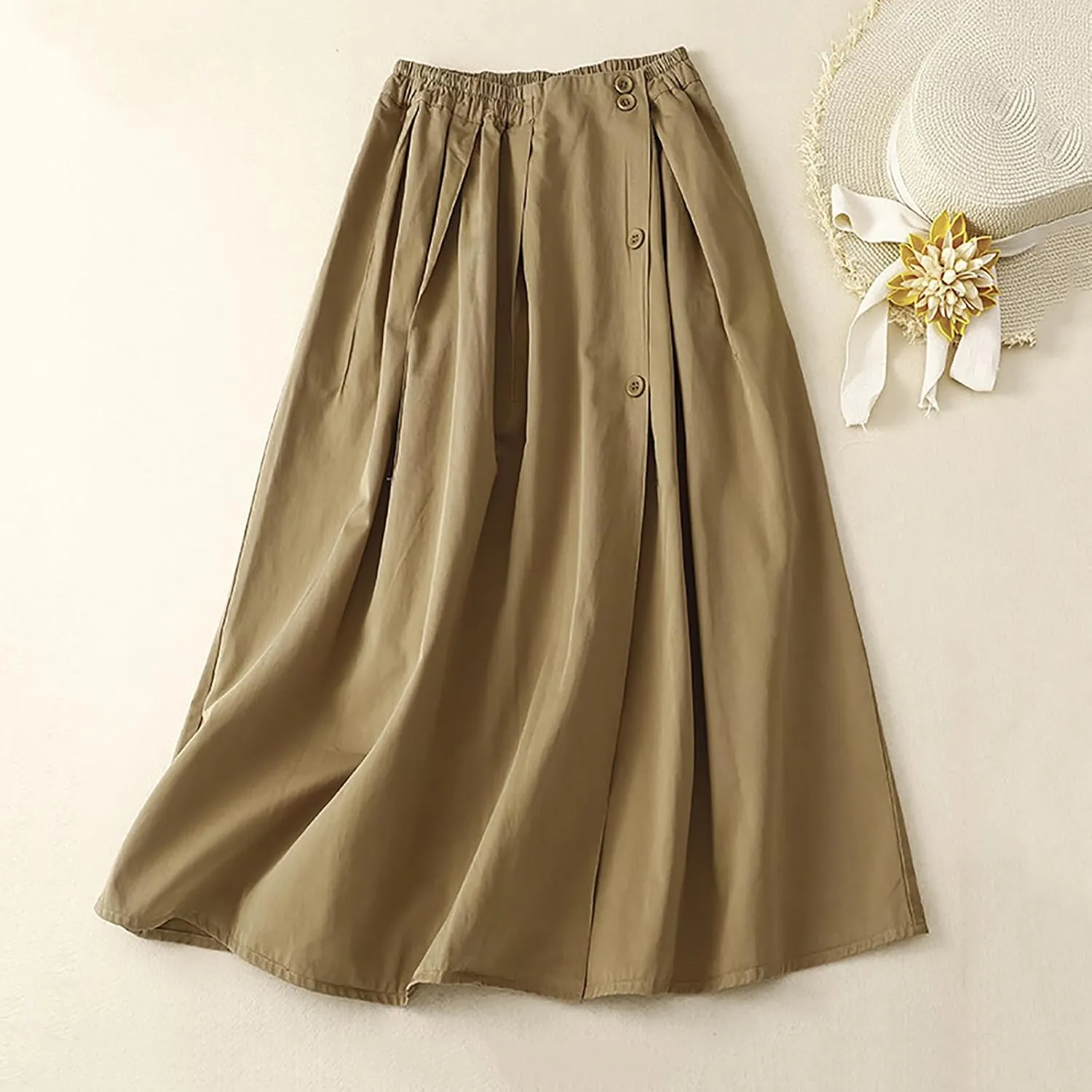 Long Skirts for Women 2024 Elastic Waist Buttons Solid Skirt Summer Causal Ruffle Pleated A-Line Flared Maxi Skirts
