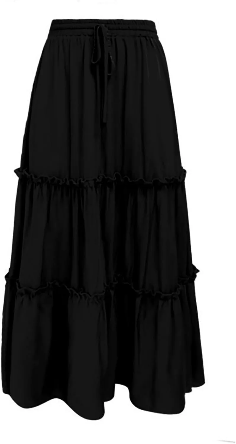 Long Skirts for Women Summer Boho Flowy Swing Ruffle Tiered A-Line Drawstring Elastic Waist Pleated Midi Skirt Dress
