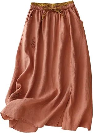 Long Skirts for Women Summer Casual Embroidered Floral Cotton Linen Skirt Dress Loose Fit Elastic Waist Maxi Skirts