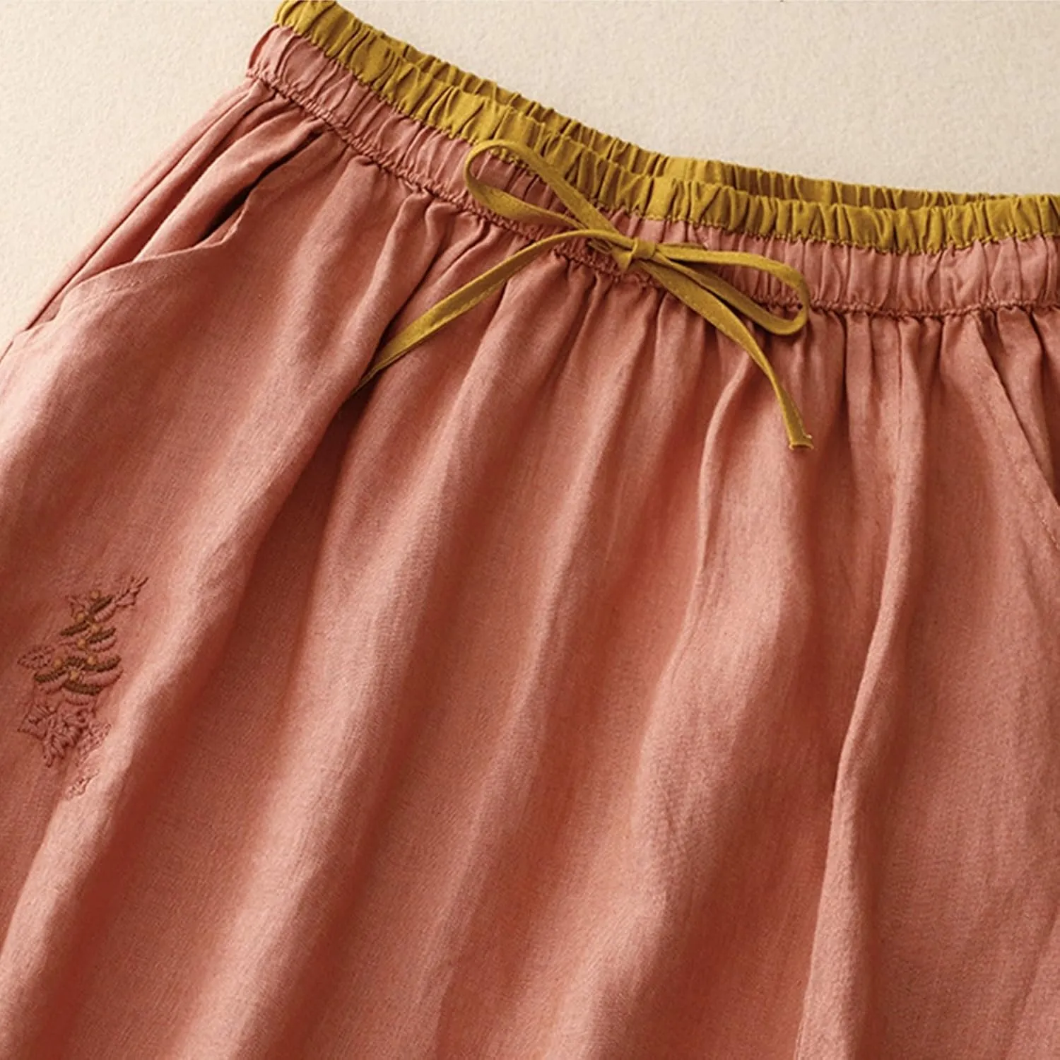 Long Skirts for Women Summer Casual Embroidered Floral Cotton Linen Skirt Dress Loose Fit Elastic Waist Maxi Skirts