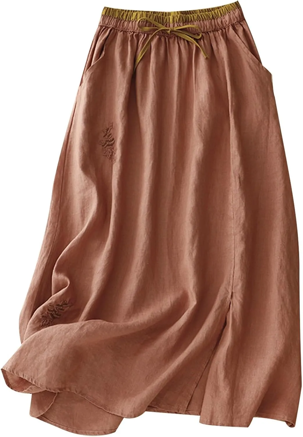 Long Skirts for Women Summer Casual Embroidered Floral Cotton Linen Skirt Dress Loose Fit Elastic Waist Maxi Skirts