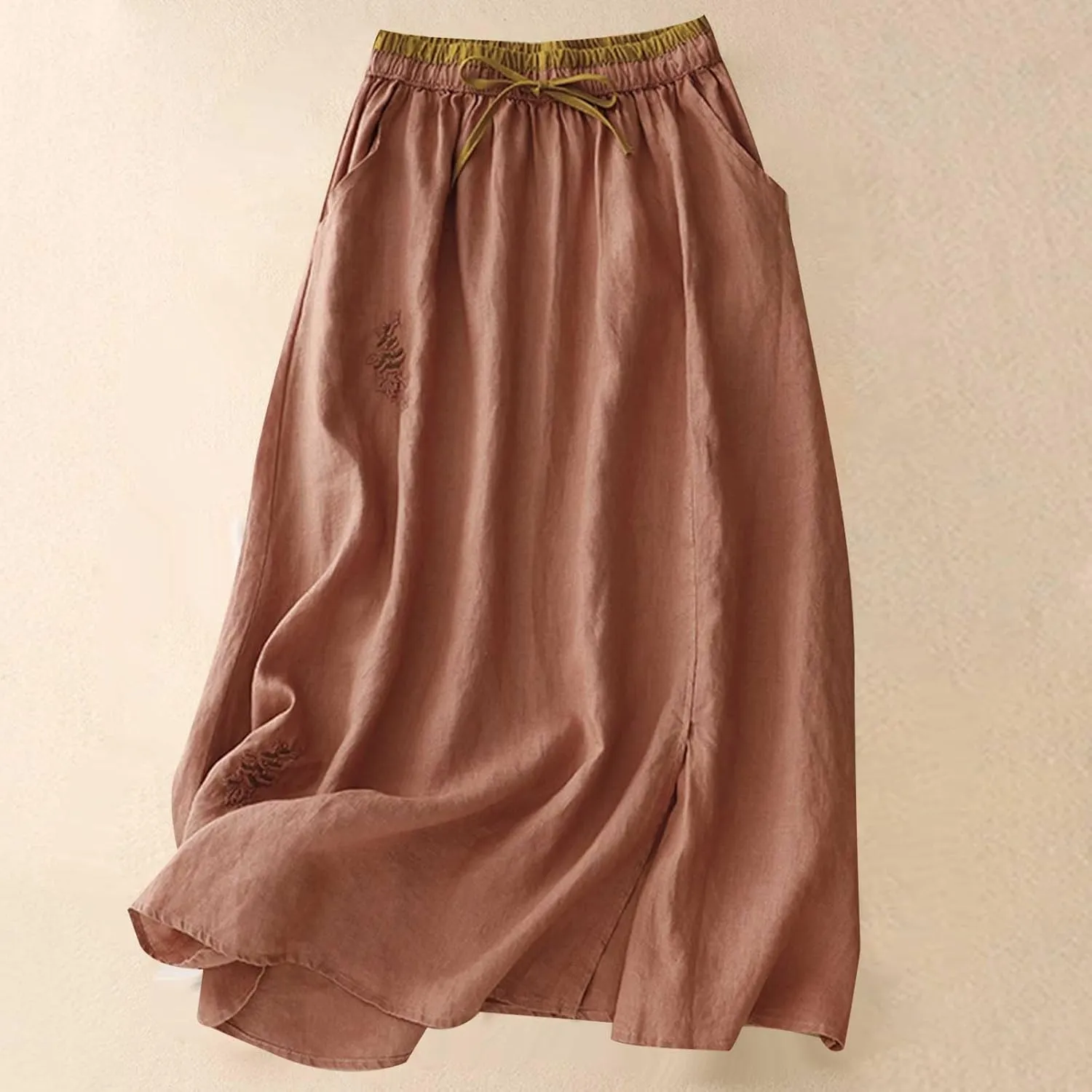 Long Skirts for Women Summer Casual Embroidered Floral Cotton Linen Skirt Dress Loose Fit Elastic Waist Maxi Skirts