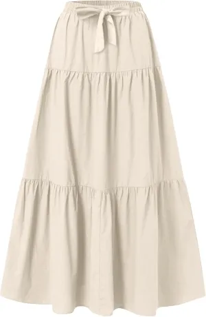 Long Skirts for Women Trendy High Waisted Tiered A Line Linen Skirt Casual Flowy Pleated Beach Maxi Skirts with Tie