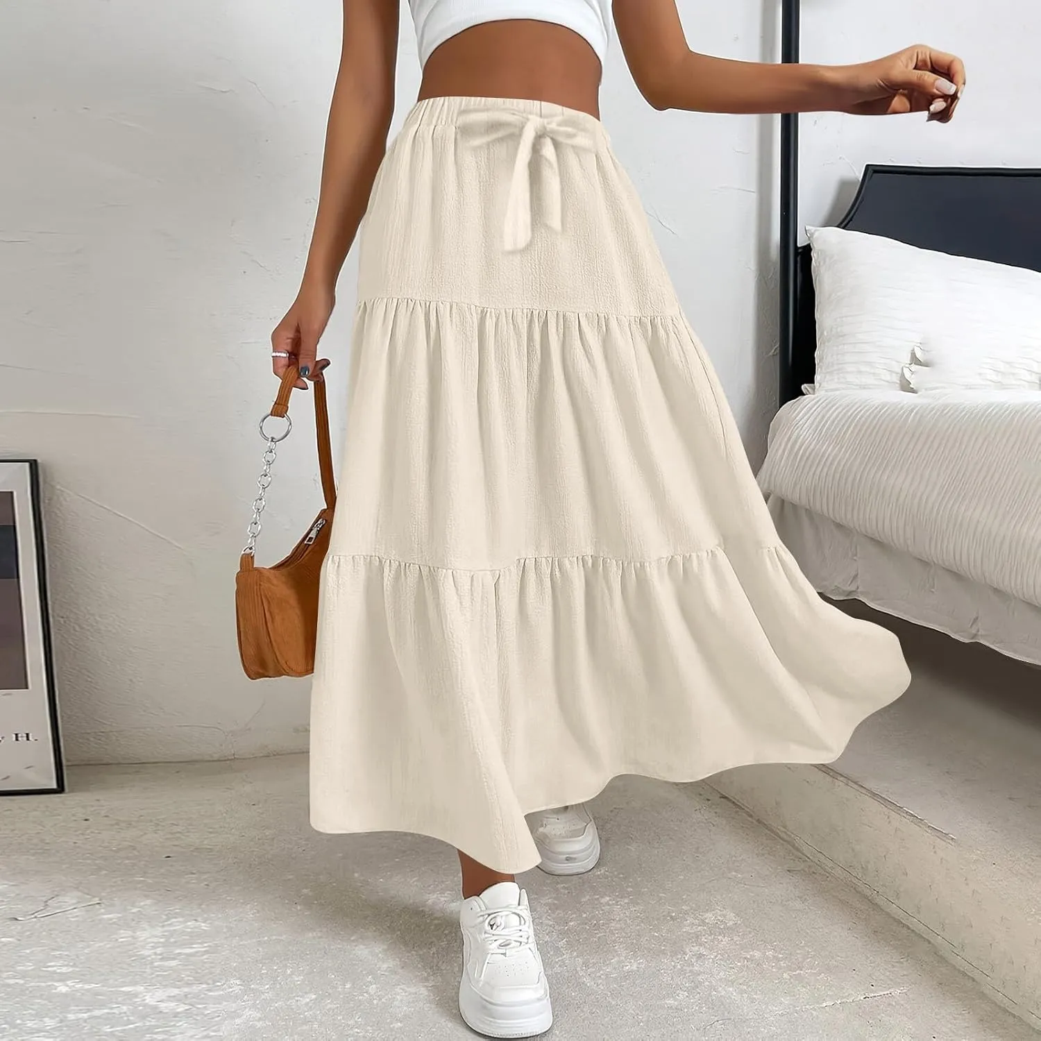 Long Skirts for Women Trendy High Waisted Tiered A Line Linen Skirt Casual Flowy Pleated Beach Maxi Skirts with Tie