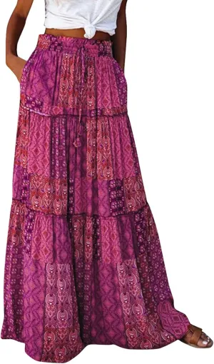Long Skirts,Trendy Flowy Skirts for Women 2025 Elastic High Waisted Pleated Womens Boho Maxi Skirt with Pockets