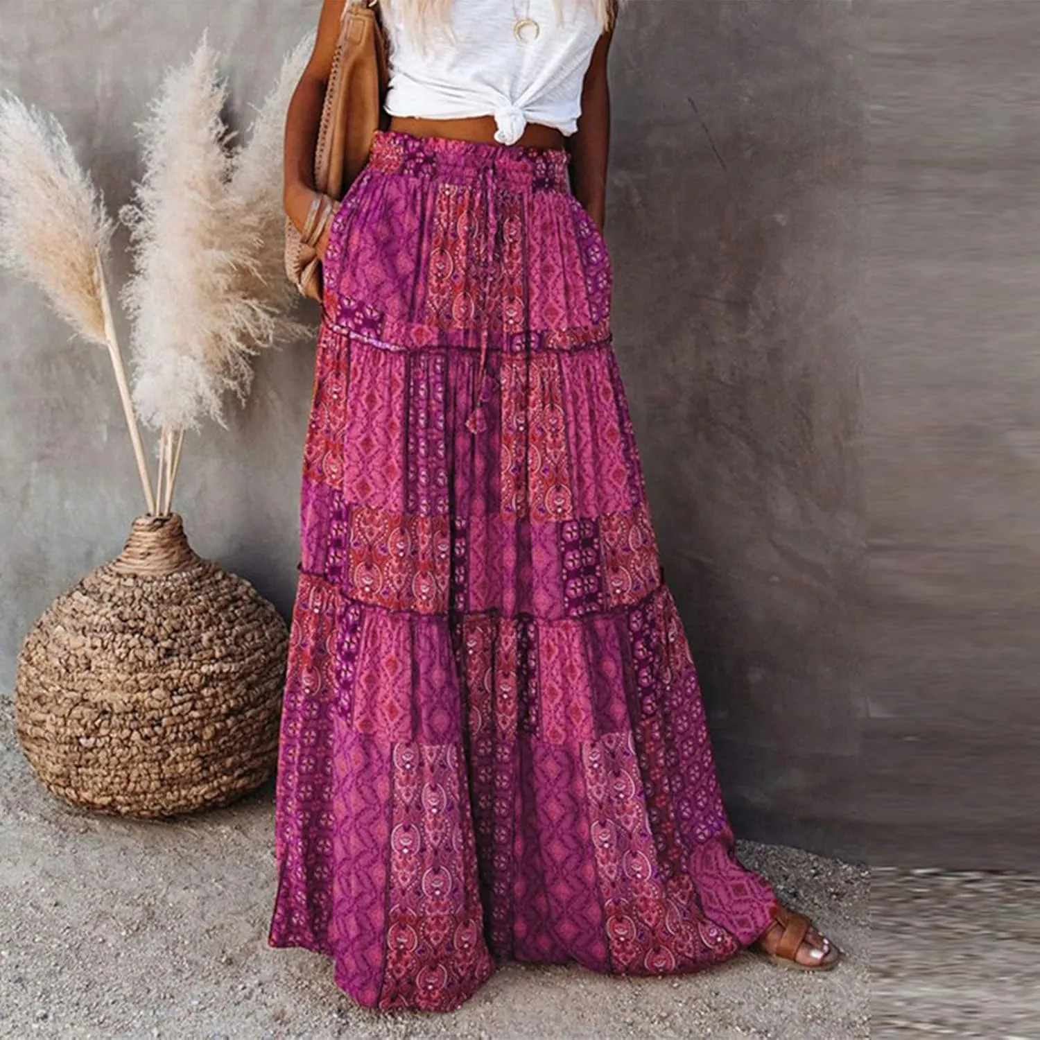 Long Skirts,Trendy Flowy Skirts for Women 2025 Elastic High Waisted Pleated Womens Boho Maxi Skirt with Pockets