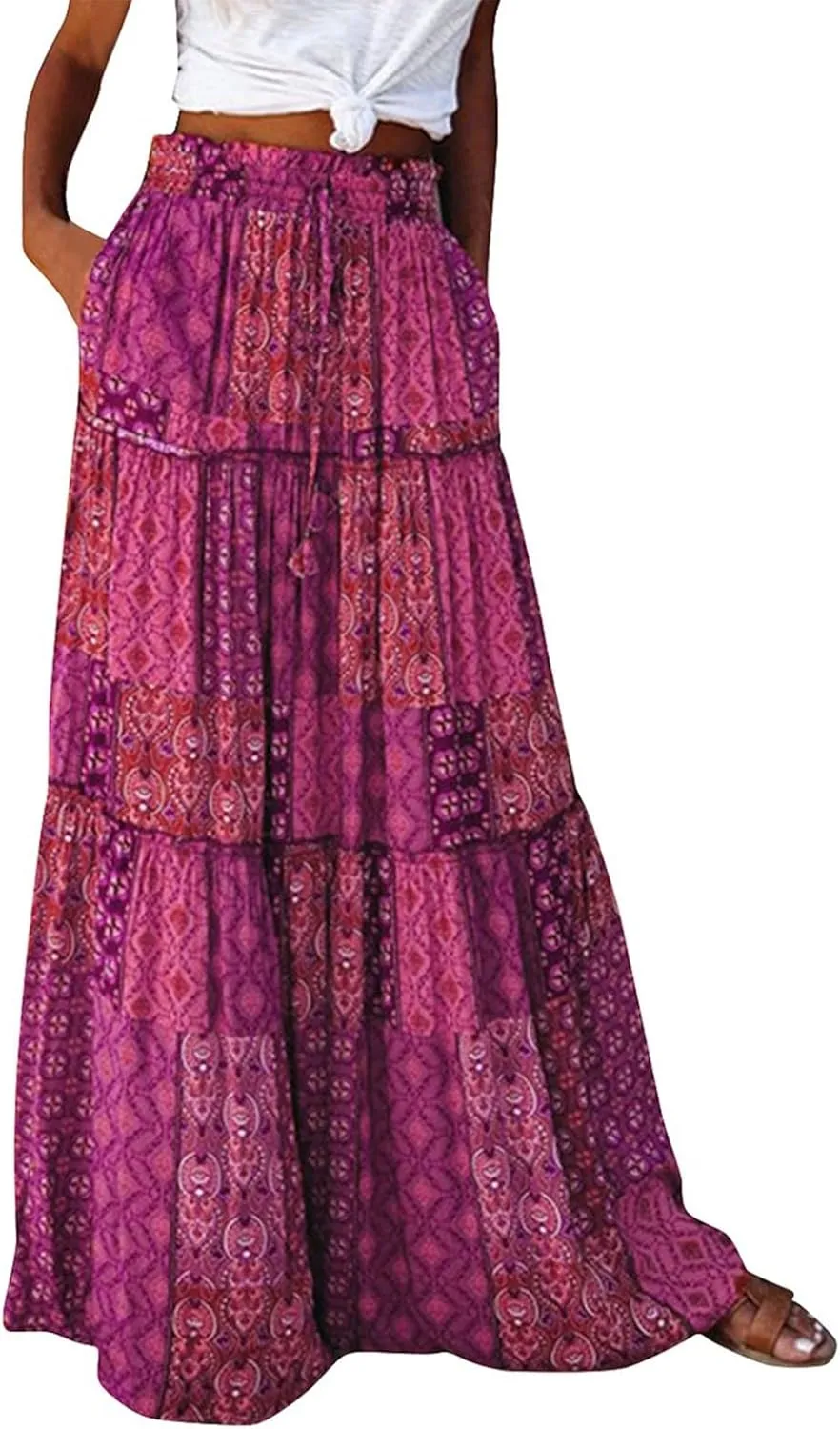 Long Skirts,Trendy Flowy Skirts for Women 2025 Elastic High Waisted Pleated Womens Boho Maxi Skirt with Pockets
