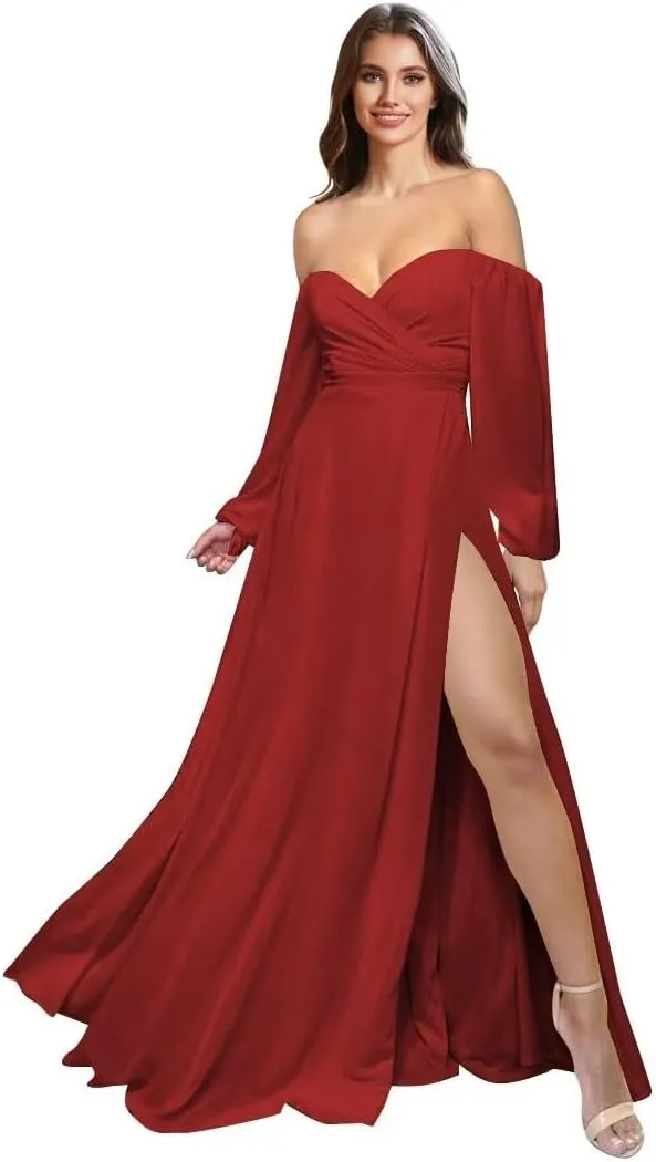 Long Sleeve Bridesmaid Dress for Wedding with Slit A Line Off Shoulder Chiffon Formal Evening Dresses Size 20 Wine Red