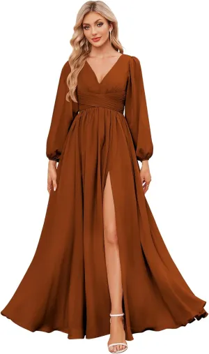 Long Sleeve Bridesmaid Dresses for Women Chiffon V Neck Ruched A Line Formal Evening Dress with Slit