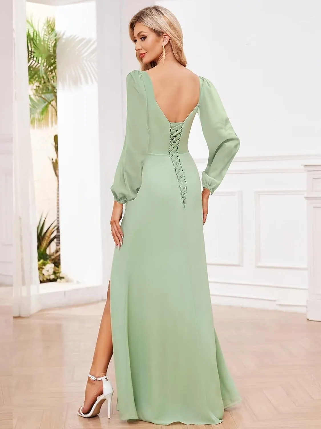 Long Sleeve Bridesmaid Dresses for Women Long Mermaid Chiffon Formal Dress Evening Gown with Slit