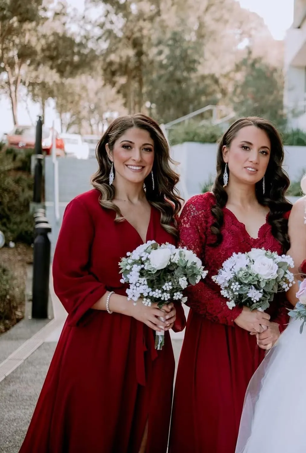 Long Sleeve Bridesmaid Dresses for Women Pleated Chiffon Slit Formal Evening Dresses with Pockets