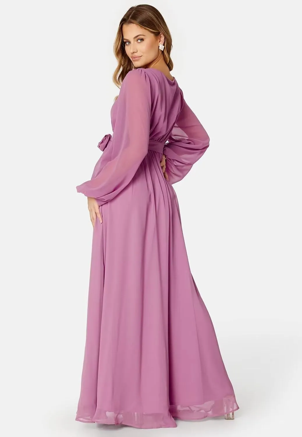 Long Sleeve Bridesmaid Dresses for Women Pleated Chiffon Slit Formal Evening Dresses with Pockets
