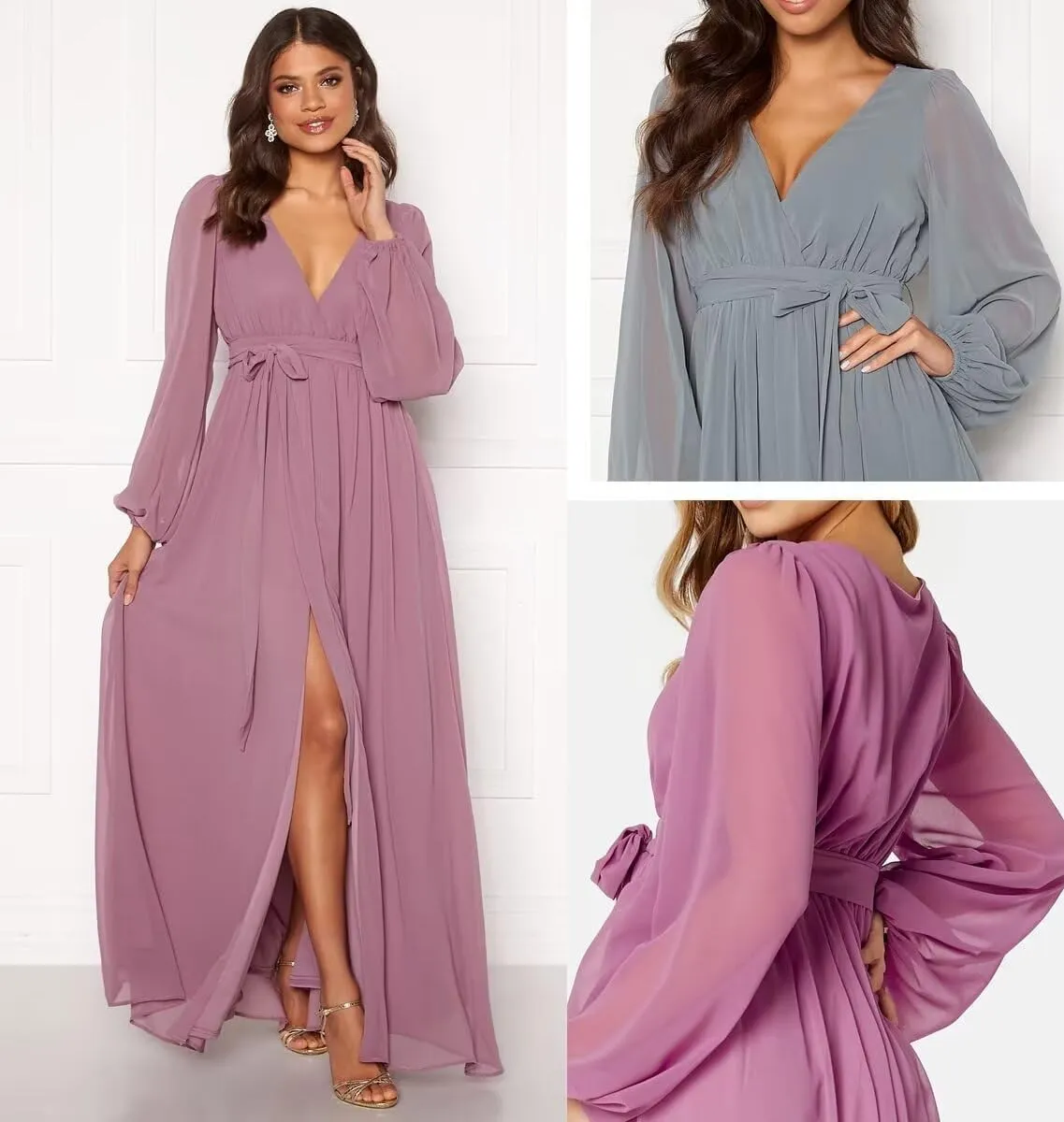 Long Sleeve Bridesmaid Dresses for Women Pleated Chiffon Slit Formal Evening Dresses with Pockets