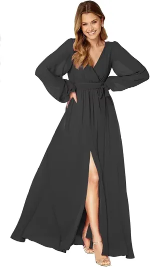 Long Sleeve Bridesmaid Dresses for Women Pleated Chiffon Slit Formal Evening Dresses with Pockets