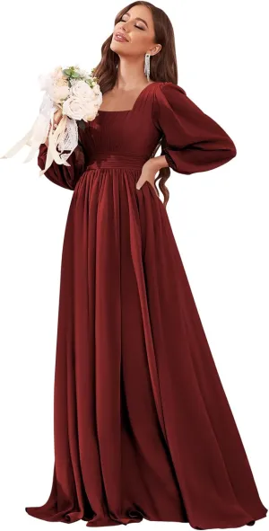 Long Sleeve Bridesmaid Dresses for Women Square Neck Chiffon Ruched Formal Dress with Pockets