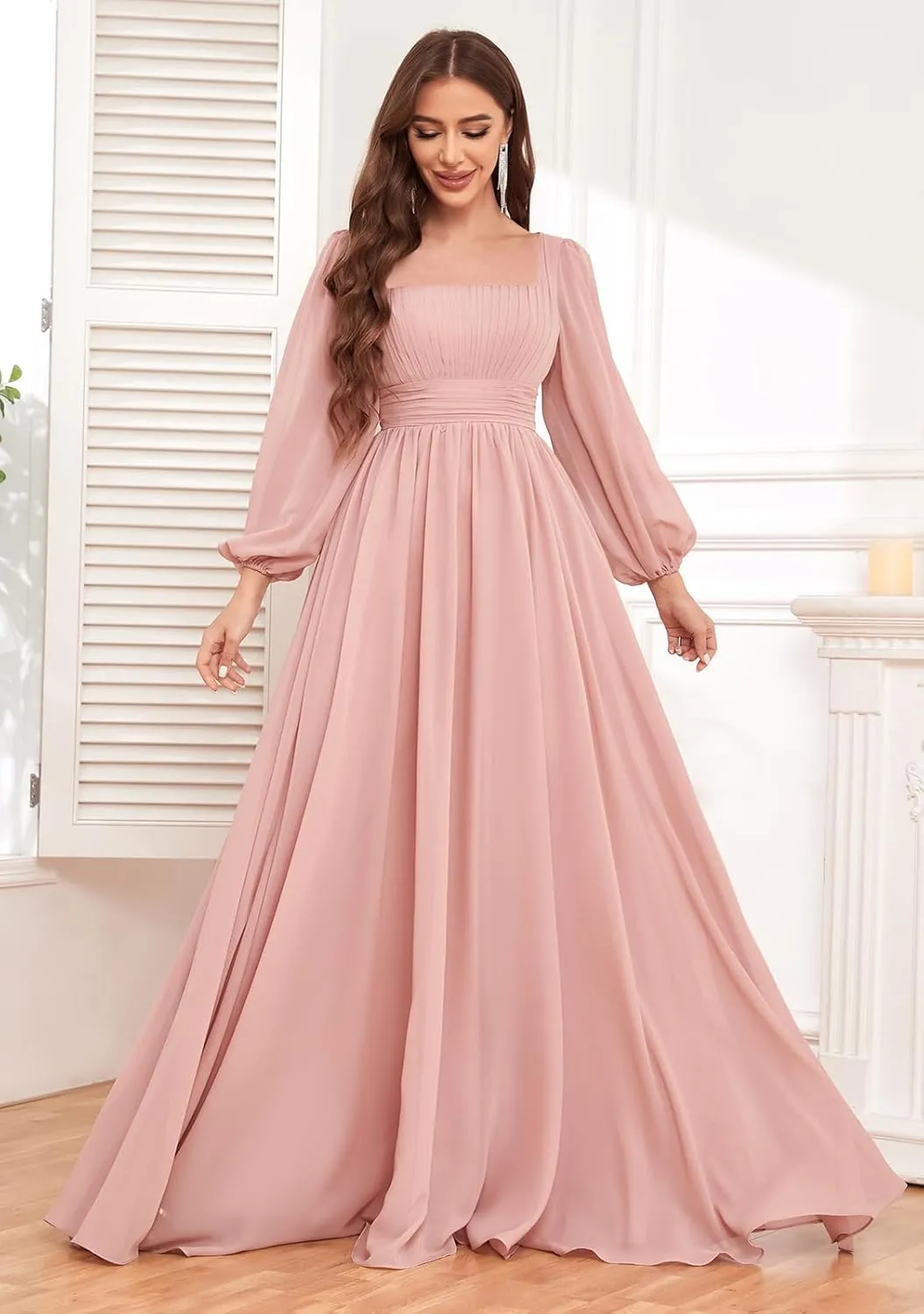 Long Sleeve Bridesmaid Dresses for Women Square Neck Chiffon Ruched Formal Dress with Pockets
