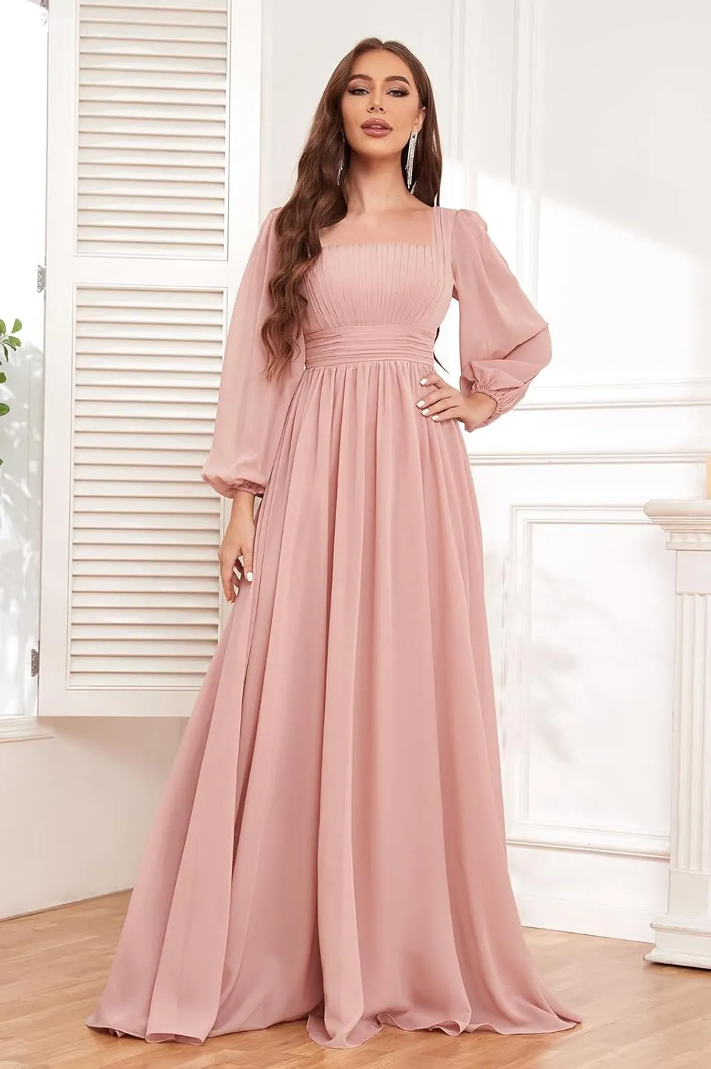 Long Sleeve Bridesmaid Dresses for Women Square Neck Chiffon Ruched Formal Dress with Pockets
