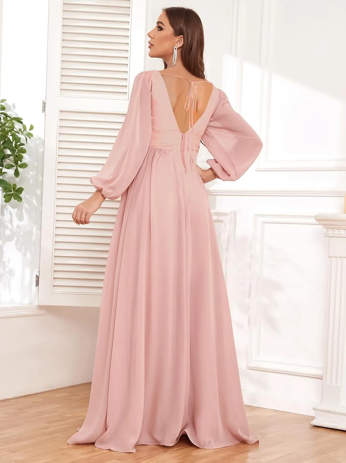 Long Sleeve Bridesmaid Dresses for Women Square Neck Chiffon Ruched Formal Dress with Pockets