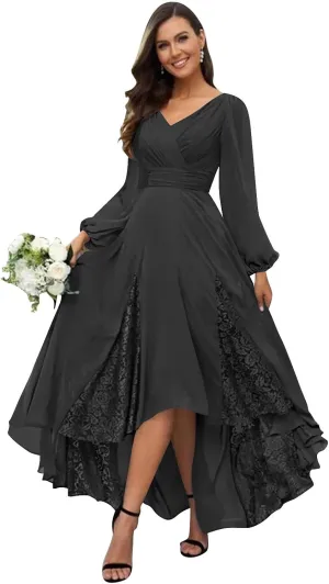 Long Sleeve Bridesmaid Dresses for Women Tea Length Pleated Chiffon Lace Formal Evening Dresses