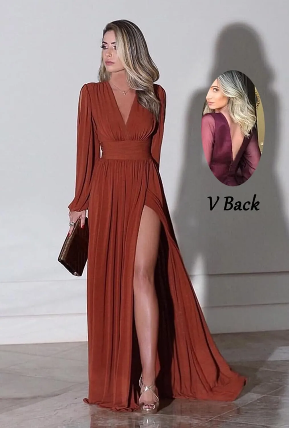 Long Sleeve Bridesmaid Dresses for Women Wedding Guest 2025 Chiffon V-Neck Pleated Formal Prom Dress with Slit
