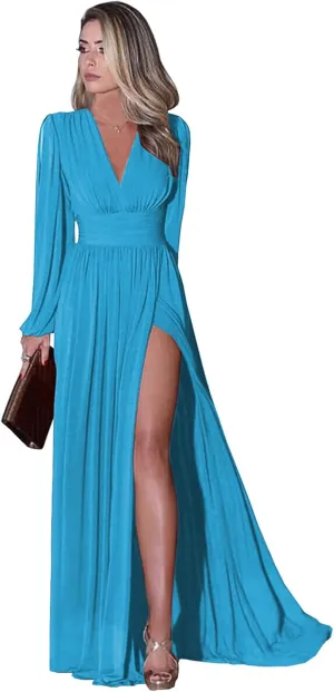 Long Sleeve Bridesmaid Dresses for Women Wedding Guest 2025 Chiffon V-Neck Pleated Formal Prom Dress with Slit