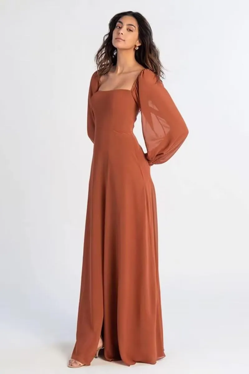 Long Sleeve Chiffon Bridesmaid Dresses for Wedding Square Neck A Line Formal Evening Dress for Women with Slit