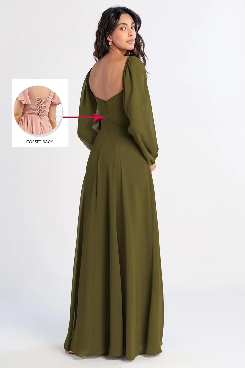 Long Sleeve Chiffon Bridesmaid Dresses for Wedding Square Neck A Line Formal Evening Dress for Women with Slit