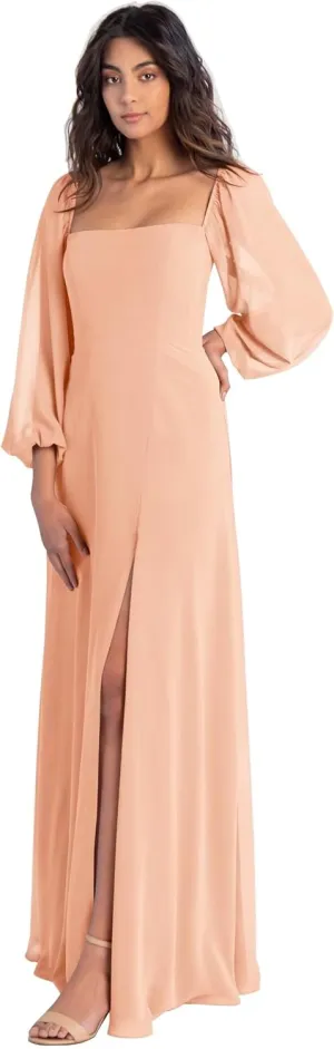 Long Sleeve Chiffon Bridesmaid Dresses for Wedding Square Neck A Line Formal Evening Dress for Women with Slit