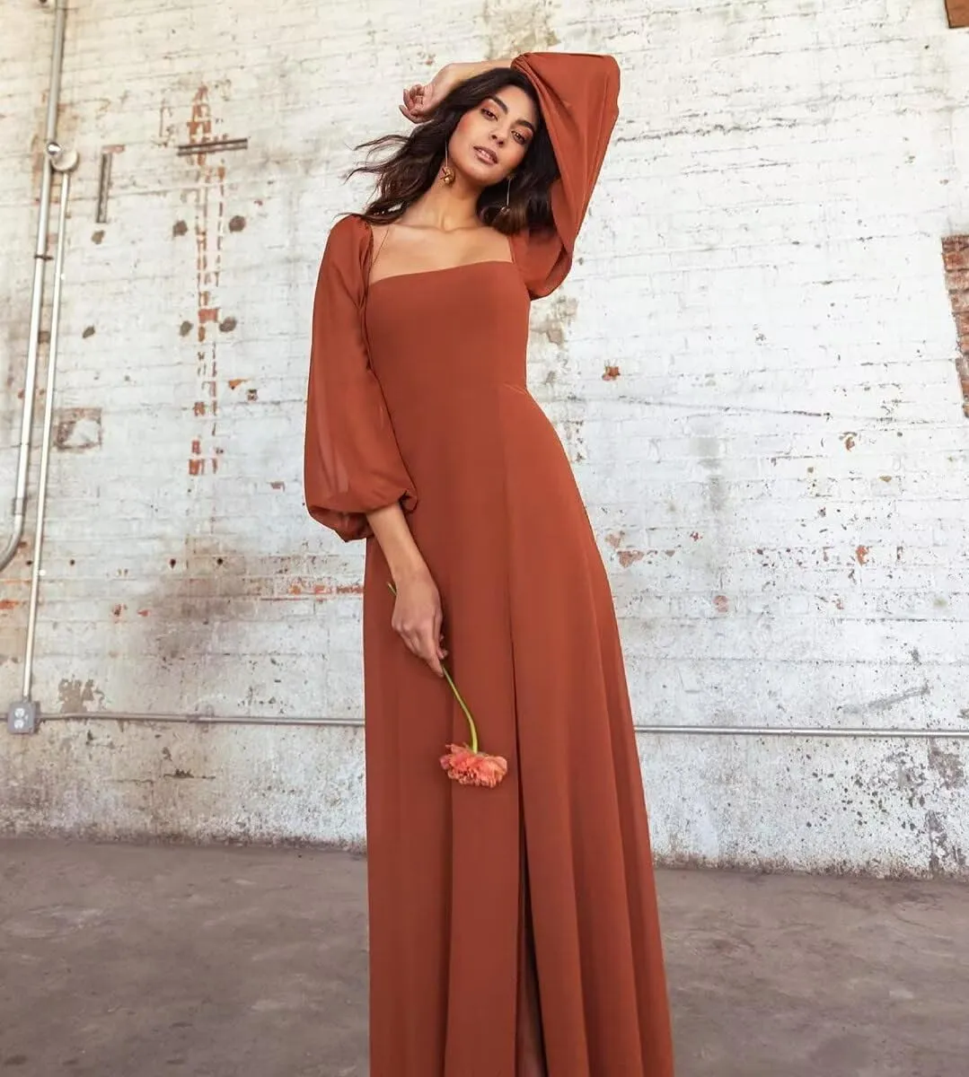 Long Sleeve Chiffon Bridesmaid Dresses for Wedding Square Neck A Line Formal Evening Dress for Women with Slit