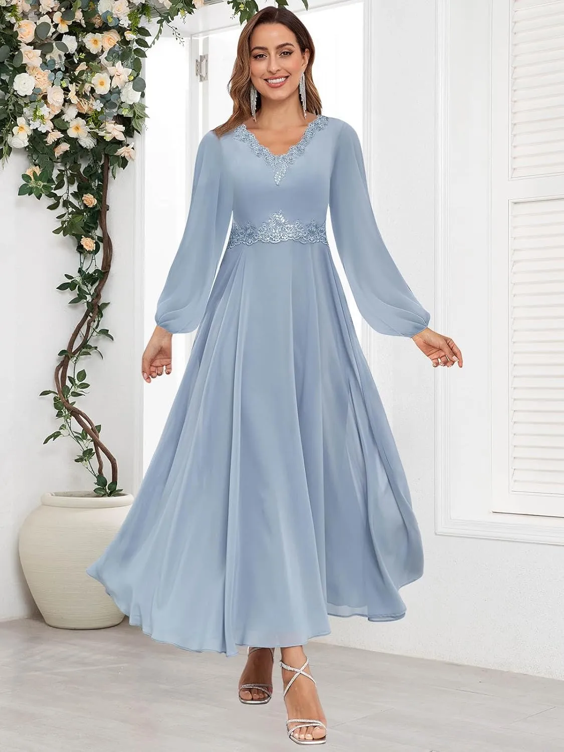 Long Sleeves Mother of The Bride Dresses Tea Length Lace Chiffon Formal Evening Wedding Guest Dress