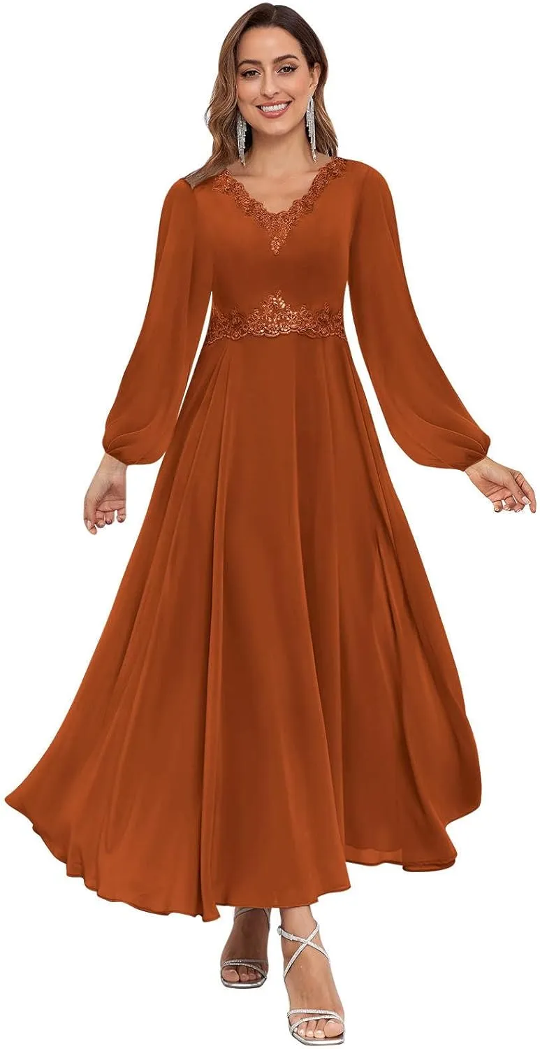 Long Sleeves Mother of The Bride Dresses Tea Length Lace Chiffon Formal Evening Wedding Guest Dress
