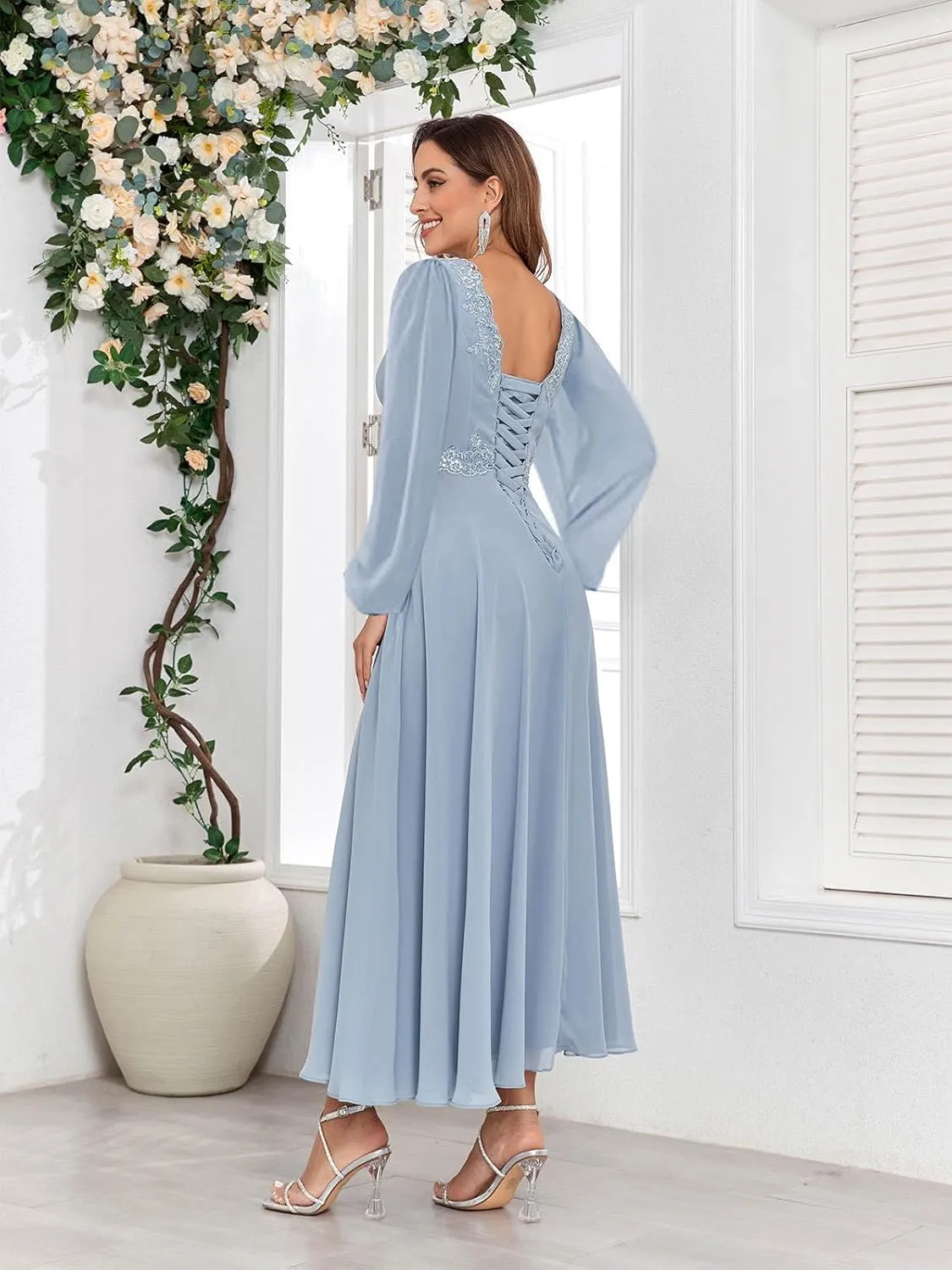 Long Sleeves Mother of The Bride Dresses Tea Length Lace Chiffon Formal Evening Wedding Guest Dress