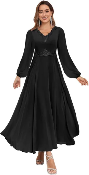 Long Sleeves Mother of The Bride Dresses Tea Length Lace Chiffon Formal Evening Wedding Guest Dress