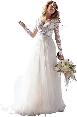 Long Sleeves Wedding Dresses for Bride 2025 Boho Beach A-Line Appliques Lace Bridal Ball Gowns with Train