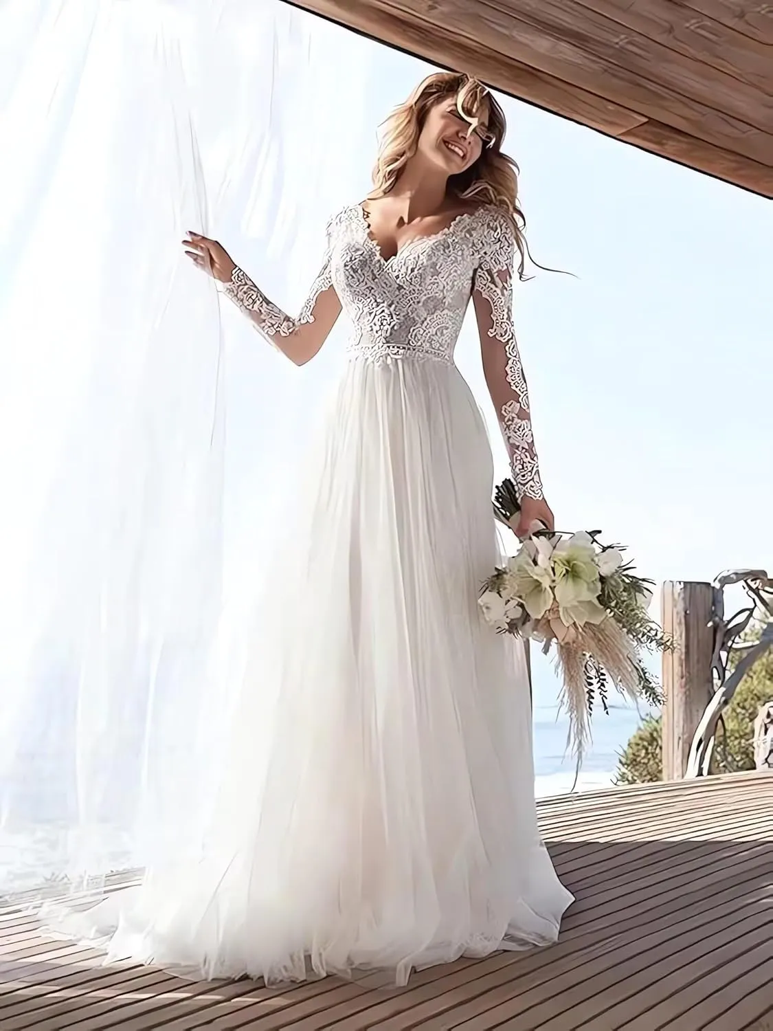Long Sleeves Wedding Dresses for Bride 2025 Boho Beach A-Line Appliques Lace Bridal Ball Gowns with Train