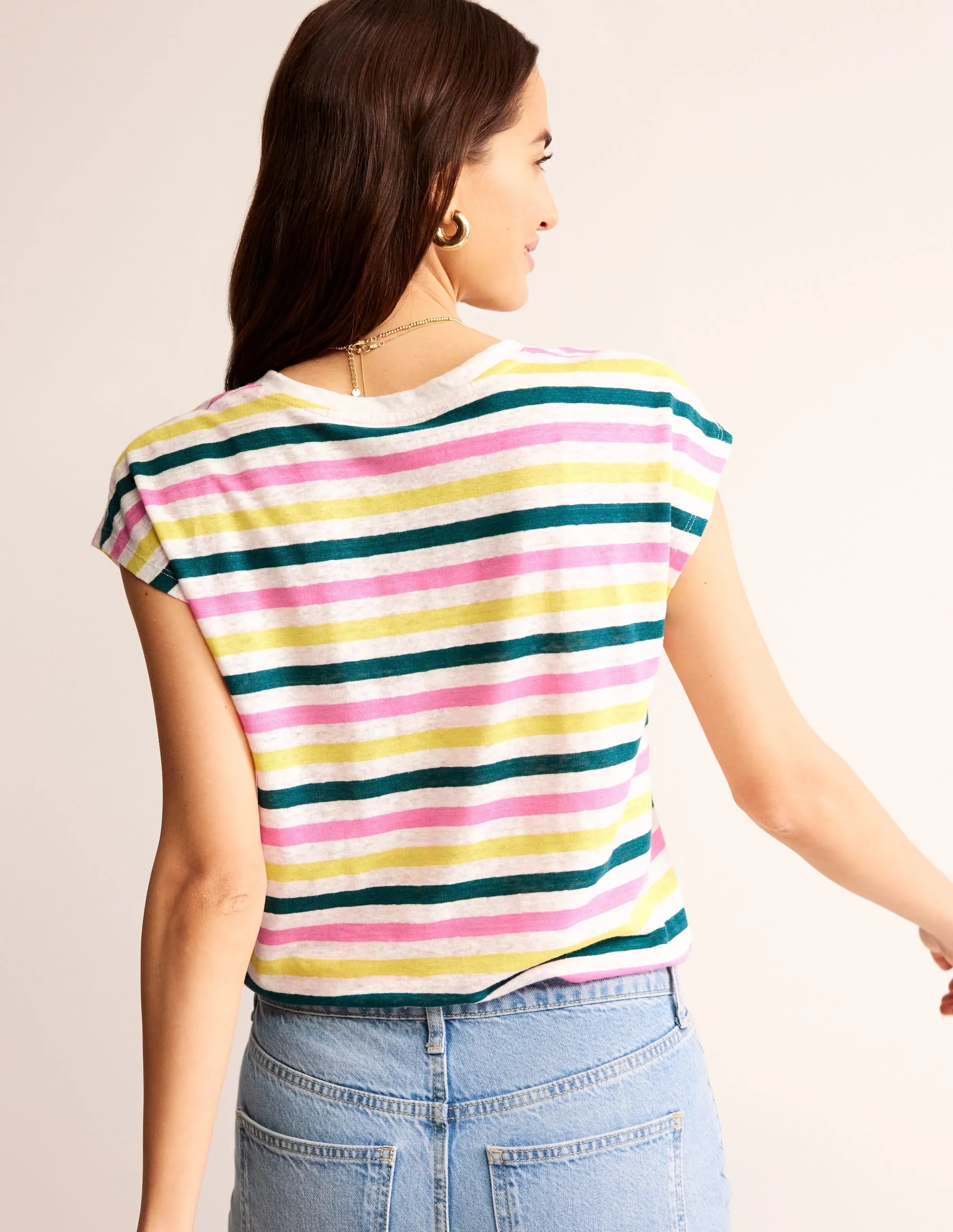 Louisa Crew Neck Linen T-shirt-Multi Stripe