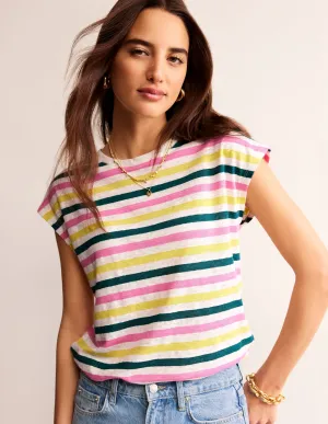 Louisa Crew Neck Linen T-shirt-Multi Stripe