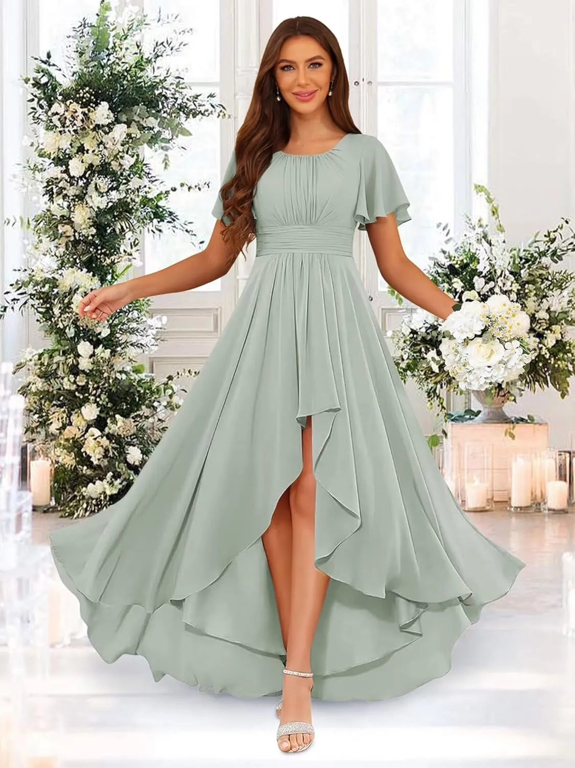 Loyeloy Women's Hi-Lo Bridesmaid Dresses with Pockets 2025 Round Neck Flutter Sleeves Aline Chiffon Formal Party Dress