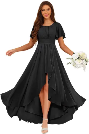 Loyeloy Women's Hi-Lo Bridesmaid Dresses with Pockets 2025 Round Neck Flutter Sleeves Aline Chiffon Formal Party Dress