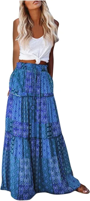 Lpmadey Women Bohemian Style Ruffle Long Skirts Chiffon Summer Beach Pleated Elastic High Waisted Maxi Skirts with Pockets