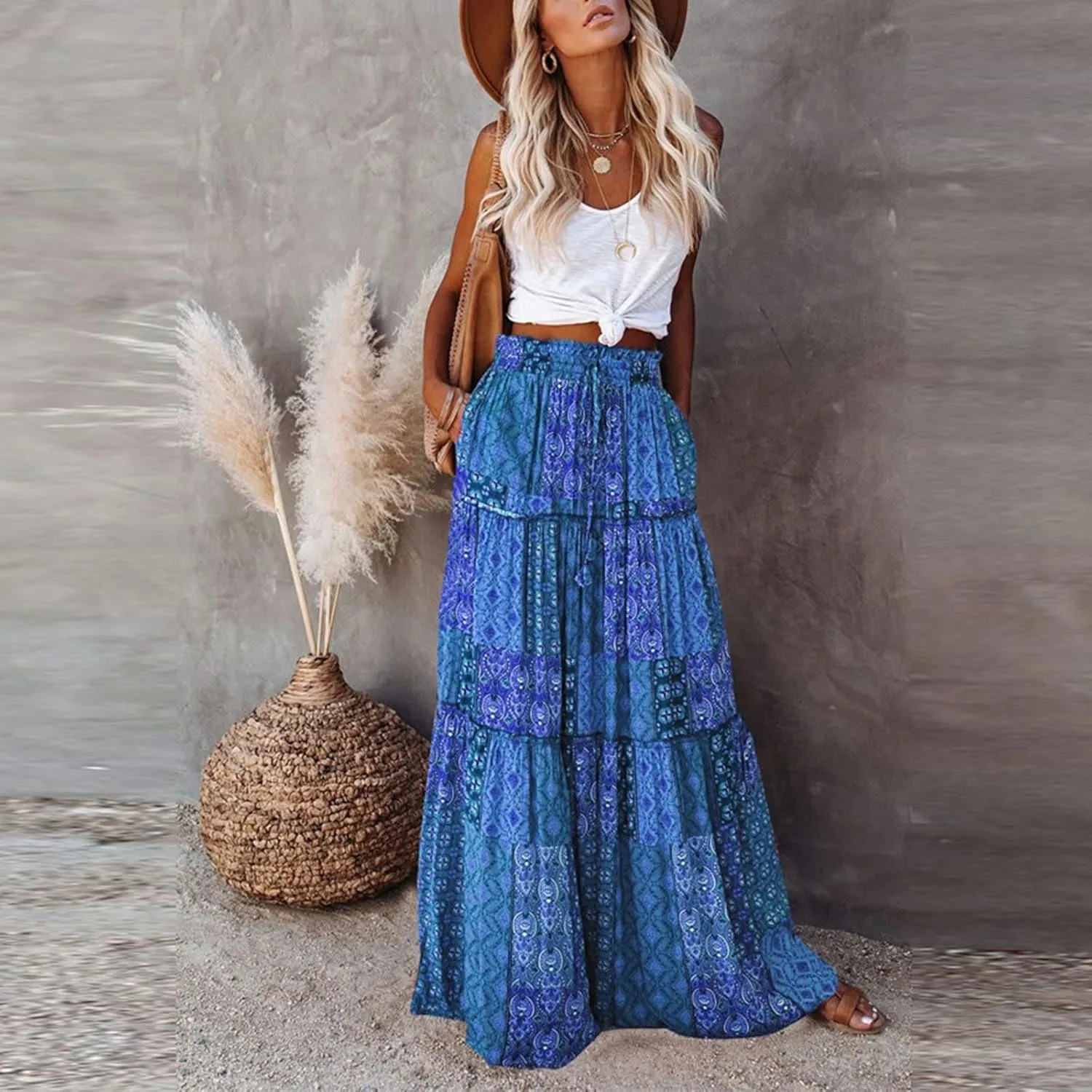 Lpmadey Women Bohemian Style Ruffle Long Skirts Chiffon Summer Beach Pleated Elastic High Waisted Maxi Skirts with Pockets