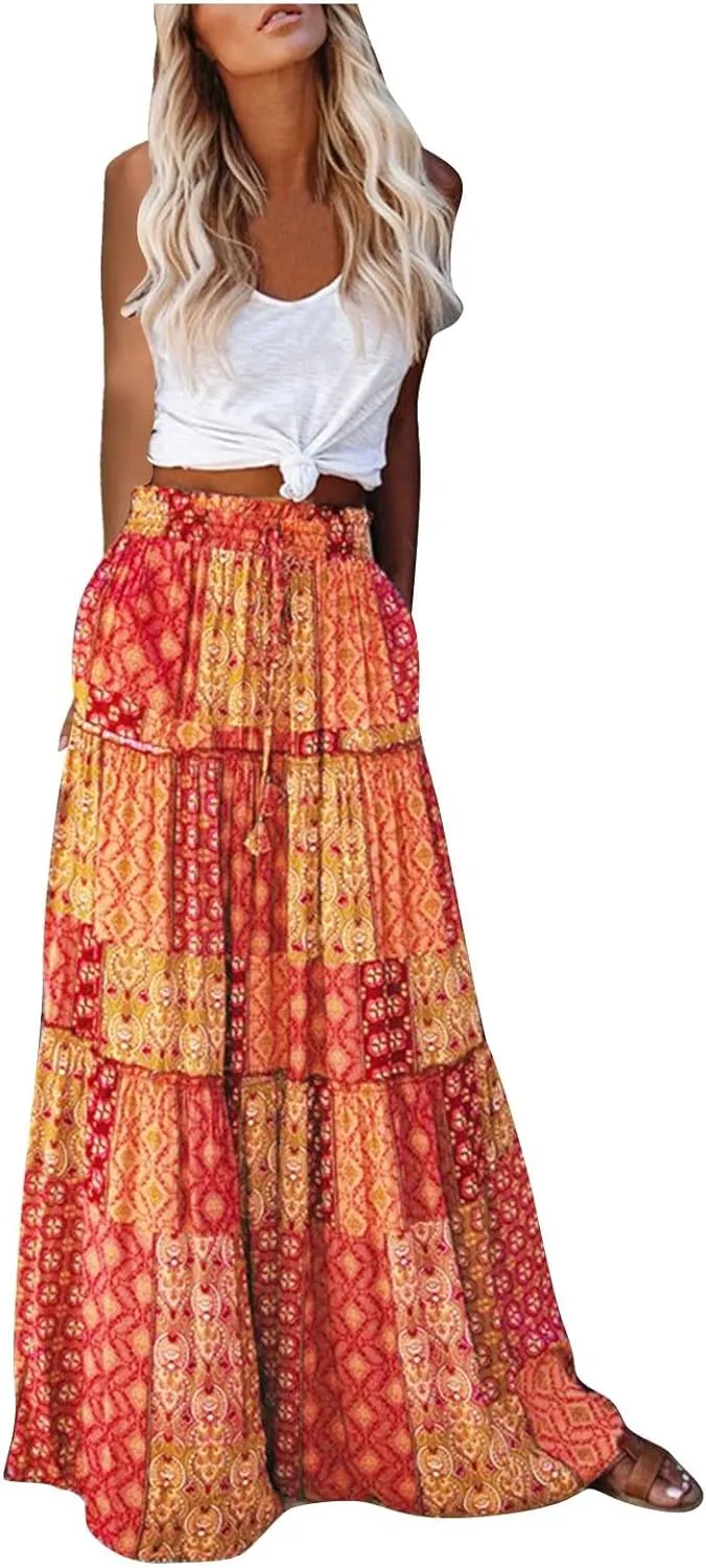 Lpmadey Women Bohemian Style Ruffle Long Skirts Chiffon Summer Beach Pleated Elastic High Waisted Maxi Skirts with Pockets