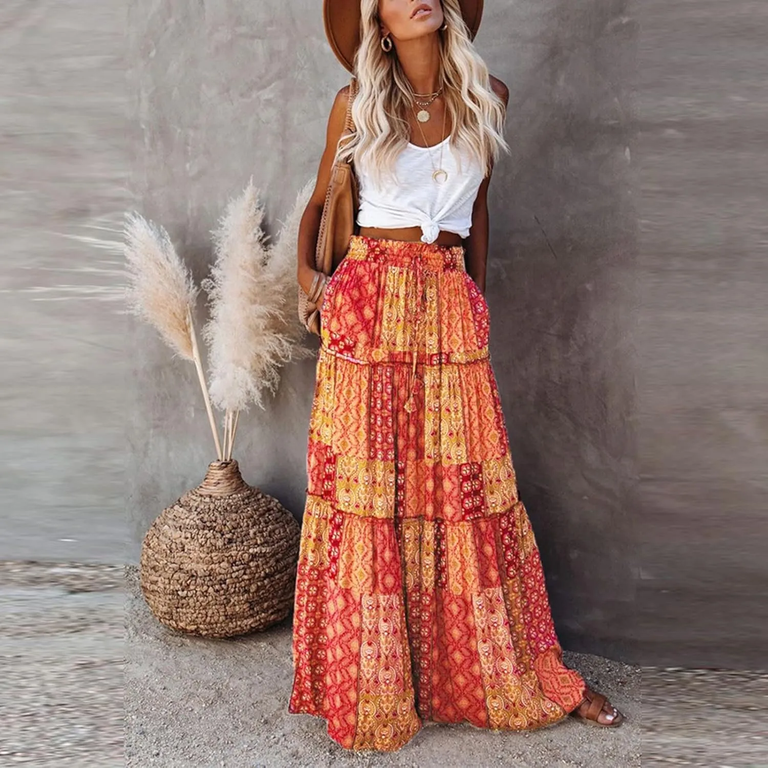 Lpmadey Women Bohemian Style Ruffle Long Skirts Chiffon Summer Beach Pleated Elastic High Waisted Maxi Skirts with Pockets