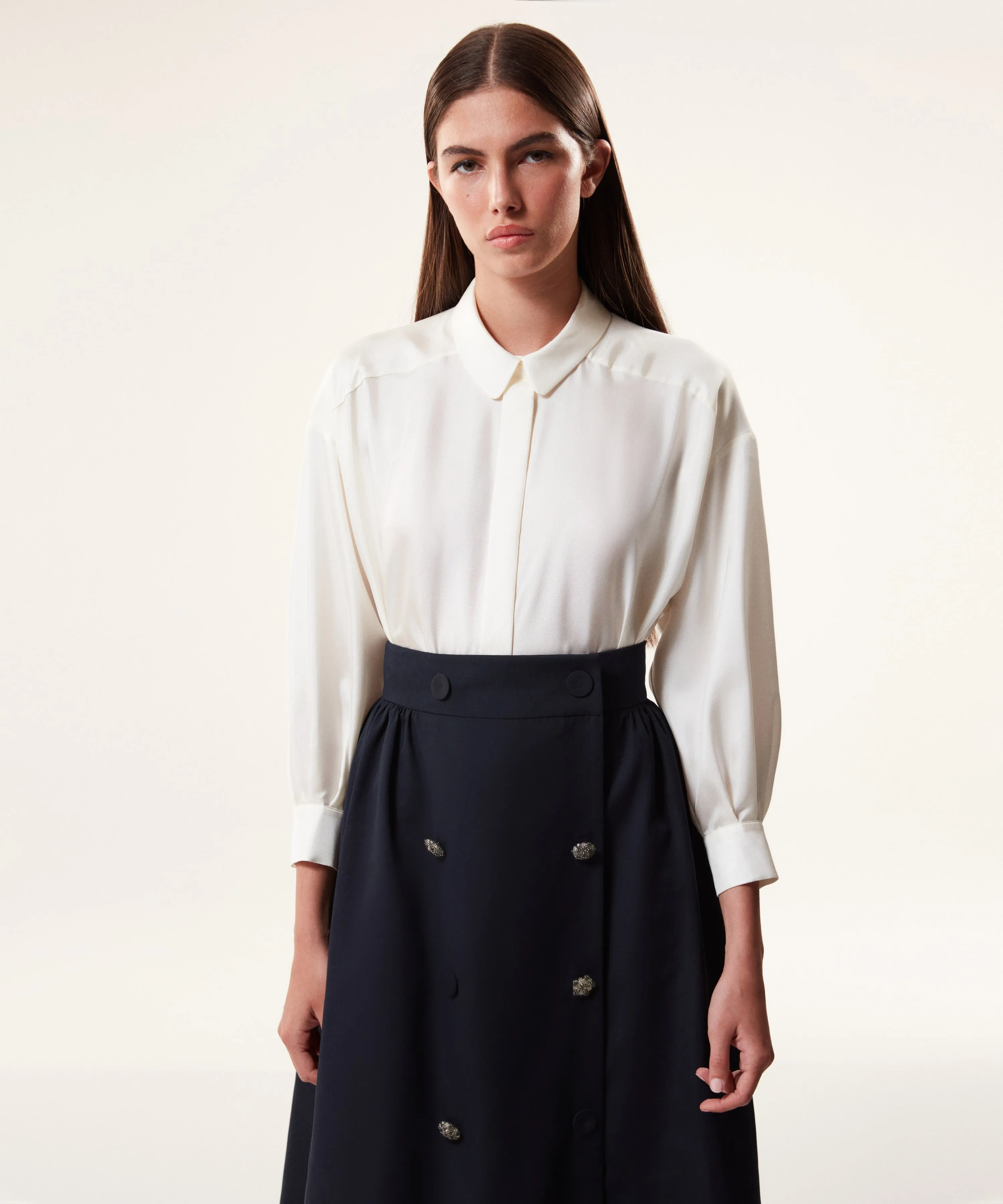 Machka Ornamental Buttons Midi Skirt Navy Blue